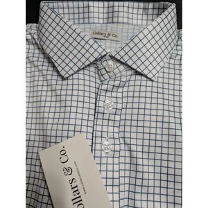 Collars And Co Men's White and Navy Blue Thin Checkered Grid Polo Shirt Size L